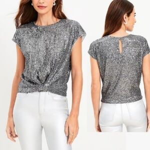 Ann Taylor LOFT Silver Gray Sequin Stretch Cap Sleeve Crop Holiday Blouse Size L